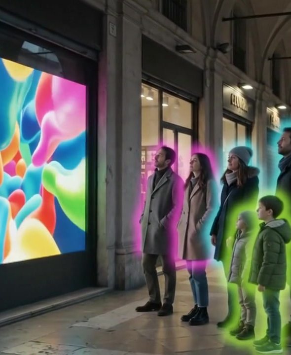 Passanti fermi davanti a una vetrina animata, evidenziati dal sistema di analisi del traffico