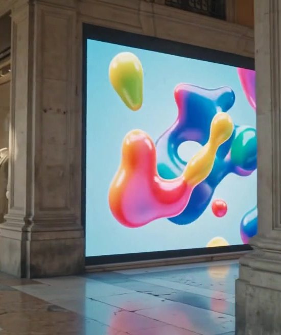 Una vetrina sotto un portico trasformata in vetrina animata con uno spot a colori